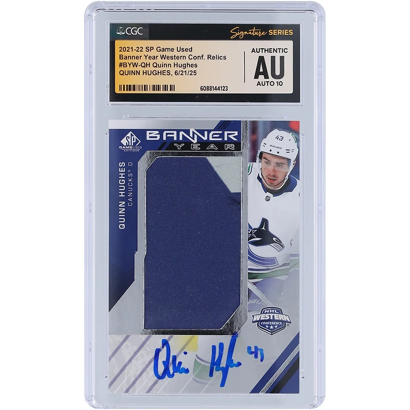 Quinn Hughes Vancouver Canucks Autographed 2021-22 Upper Deck SP Game Used Banner Year Western Conference Dual-Color Relic #BYW-QH CGC Fanatics Witnessed Authenticated Auto 10 Card