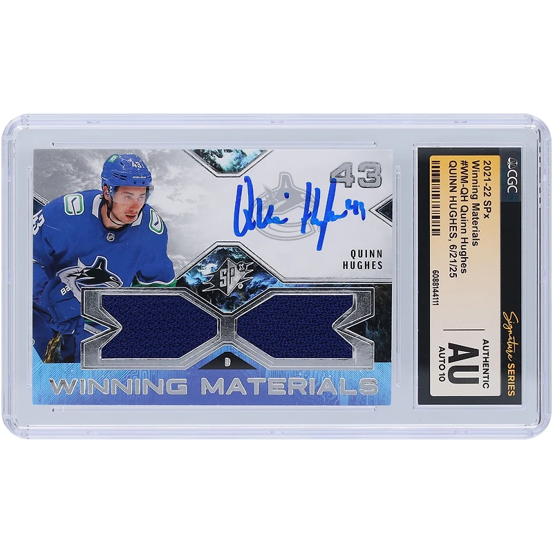 Quinn Hughes Vancouver Canucks Autographed 2021-22 Upper Deck SPx Winning Materials GU Relic #WM-QH CGC Fanatics Witnessed Authenticated Auto 10 Card