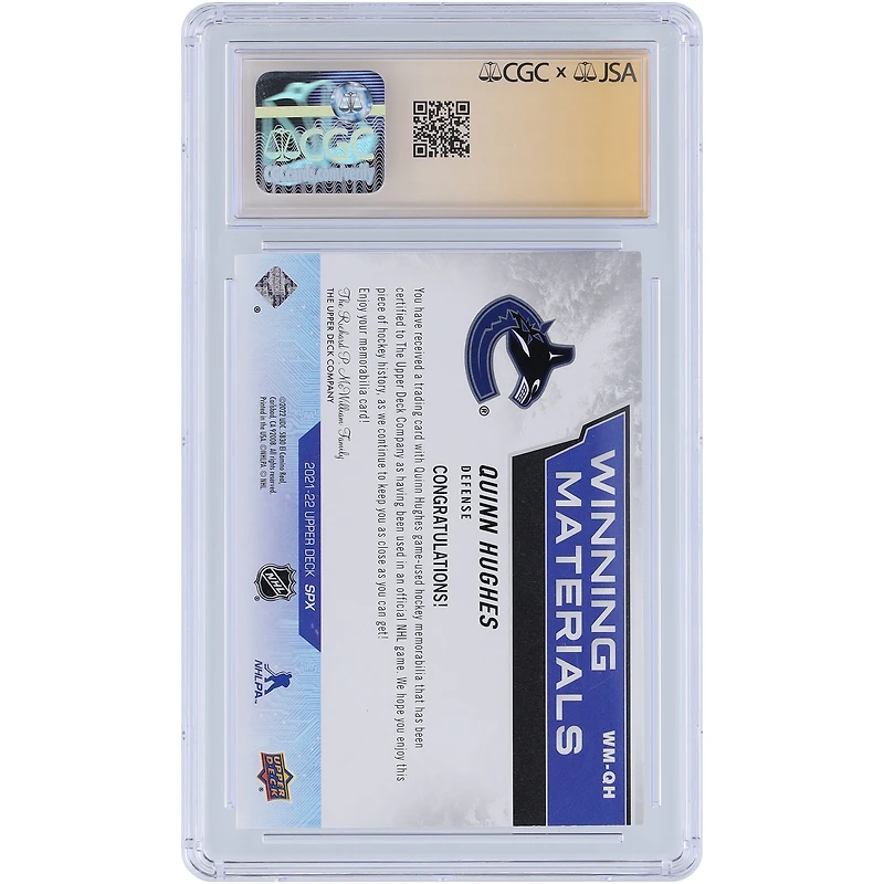 Quinn Hughes Vancouver Canucks Autographed 2021-22 Upper Deck SPx Winning Materials GU Relic #WM-QH CGC Fanatics Witnessed Authenticated /10 Card