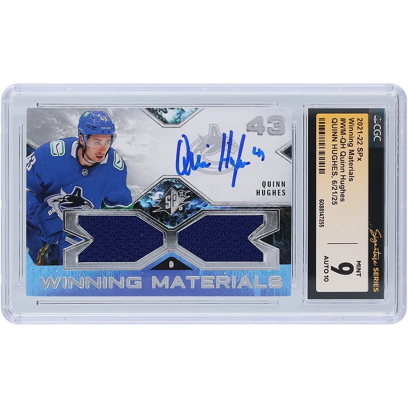 Carte autographiée de Quinn Hughes (Canucks de Vancouver) 2021-22 Upper Deck SPx Winning Materials GU Relic #WM-QH, authentifiée par Fanatics Witnessed (CGC, état 9/10).