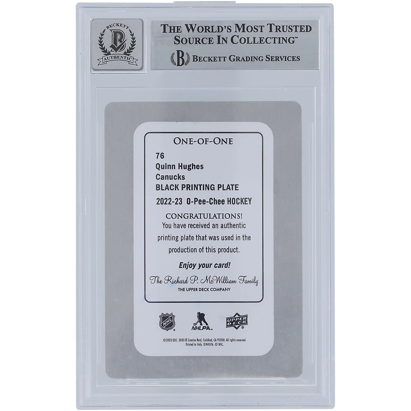Quinn Hughes Vancouver Canucks Autographed 2022-23 Upper Deck O-Pee-Chee Black Printing Plate #76 #1/1 Beckett Fanatics Witnessed Authenticated 10 Card
