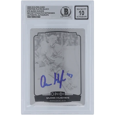 Quinn Hughes Vancouver Canucks Autographed 2022-23 Upper Deck O-Pee-Chee Black Printing Plate #76 #1/1 Beckett Fanatics Witnessed Authenticated 10 Card