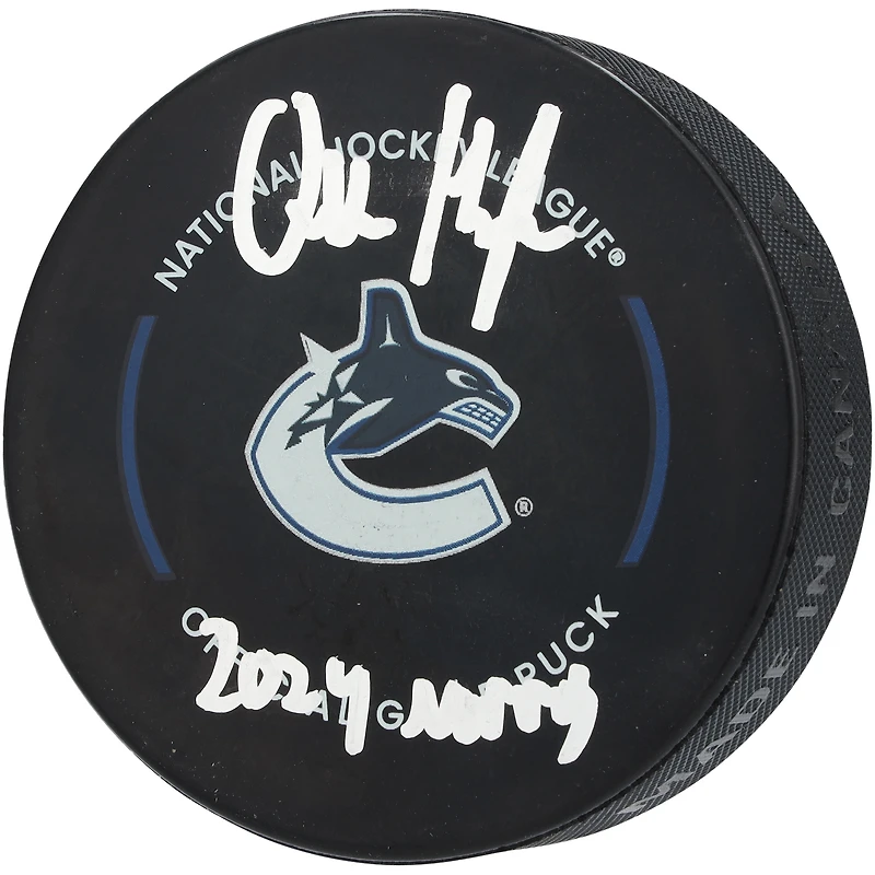 Quinn Hughes Vancouver Canucks Autographed 2024 Norris Trophy Winner Official Game Puck with "2024 Norris" Inscription
