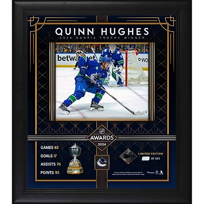 Quinn Hughes Vancouver Canucks Framed 2024 Norris Trophy Winner 15" x 17" Photograph with a Piece of Game-Used Puck - Limited Edition of 343