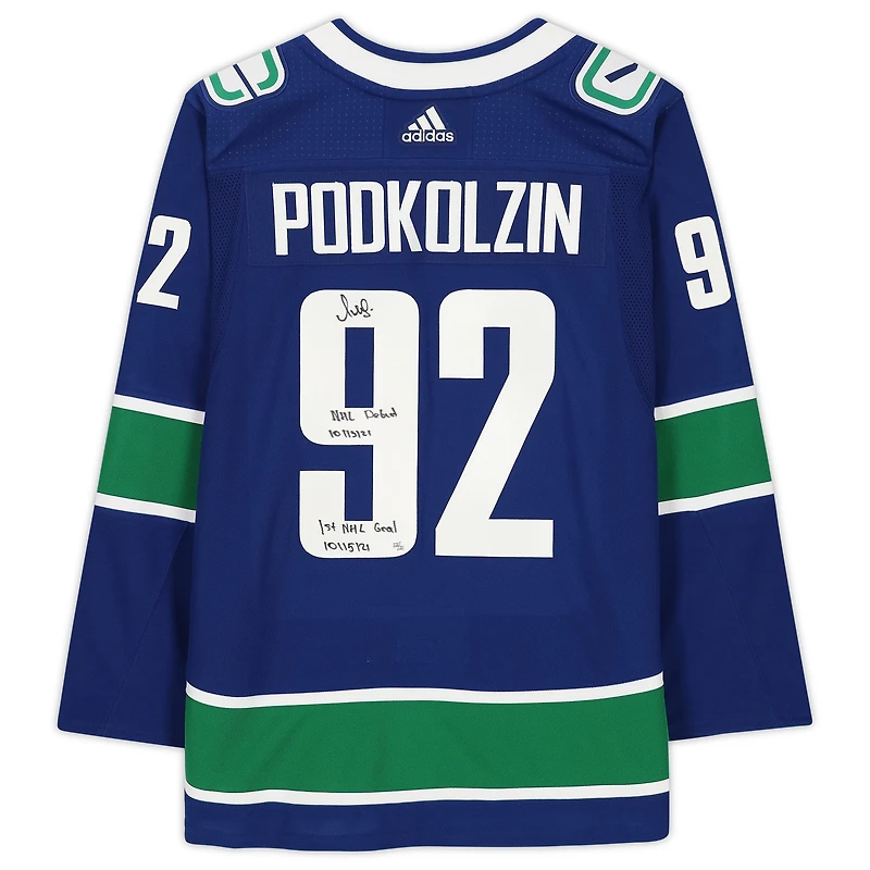 Vasily Podkolzin Vancouver Canucks Maillot Adidas Authentique Bleu Dédicacé avec Inscriptions « NHL Debut 10/13/21 » et « 1st NHL Goal 10/15/21 » – Édition limitée de 21