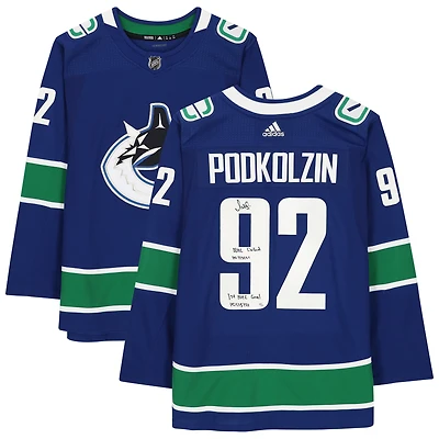 Vasily Podkolzin Vancouver Canucks Maillot Adidas Authentique Bleu Dédicacé avec Inscriptions « NHL Debut 10/13/21 » et « 1st NHL Goal 10/15/21 » – Édition limitée de 21