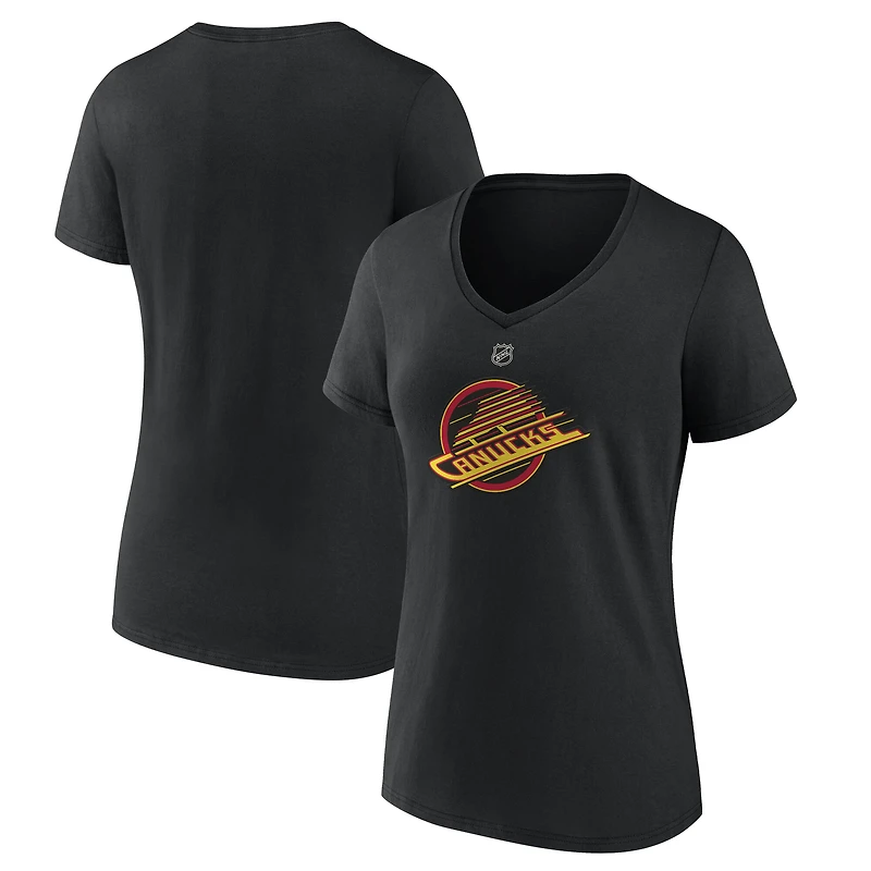 T-shirt à col en V noir pour femmes des Canucks de Vancouver avec logo alternatif