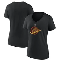 T-shirt à col en V noir pour femmes des Canucks de Vancouver avec logo alternatif