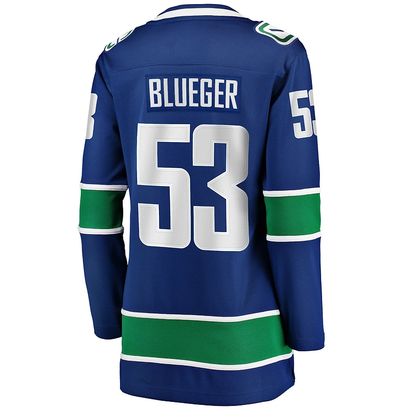 Maillot de joueur échappé à domicile Fanatics Teddy Blueger des Canucks Vancouver, bleu, pour femmes
