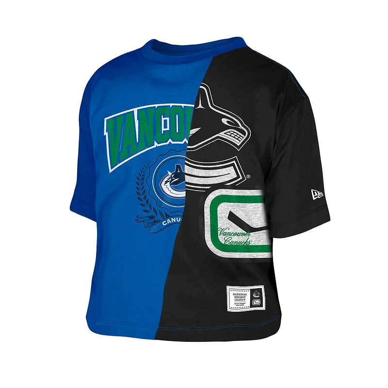 T-shirt court boxy bleu recyclé à blocs de couleurs des Vancouver Canucks New Era pour femme