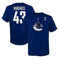 T-shirt bleu avec nom et numéro de joueur des Canucks Vancouver Quinn Hughes pour jeunes