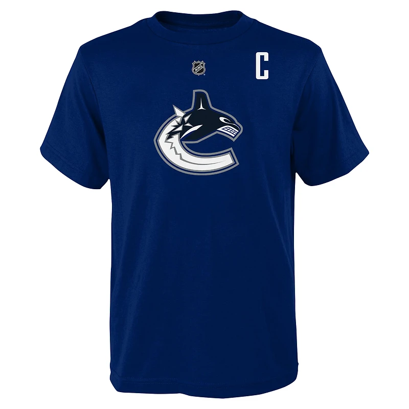 T-shirt bleu avec nom et numéro de joueur des Canucks Vancouver Quinn Hughes pour jeunes