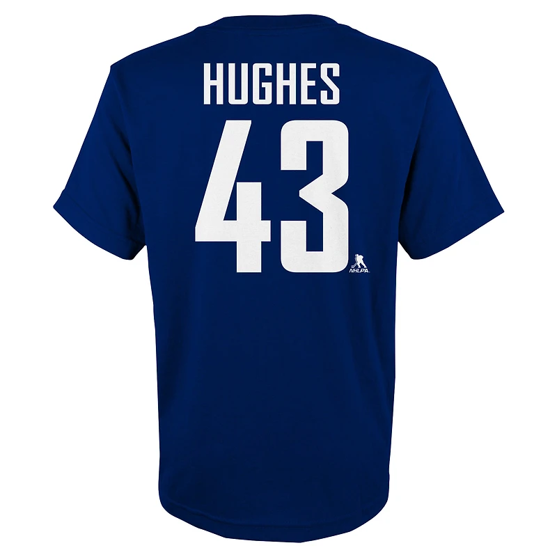 T-shirt bleu avec nom et numéro de joueur des Canucks Vancouver Quinn Hughes pour jeunes