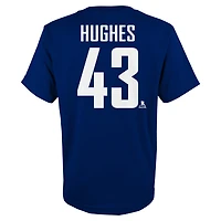 T-shirt bleu avec nom et numéro de joueur des Canucks Vancouver Quinn Hughes pour jeunes