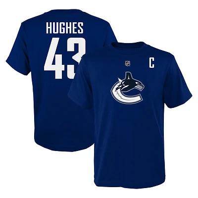 T-shirt bleu avec nom et numéro de joueur des Canucks Vancouver Quinn Hughes pour jeunes