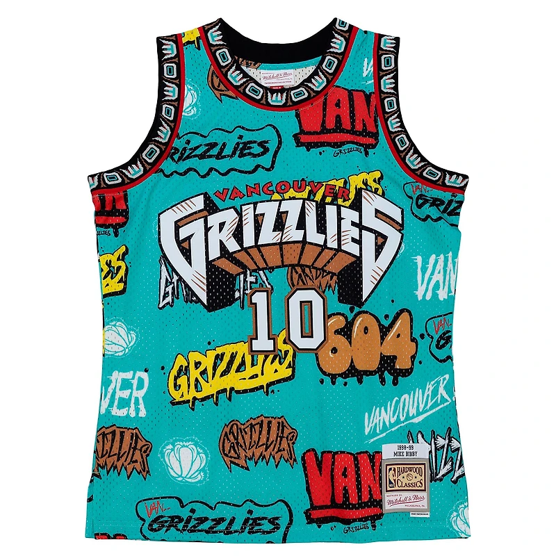 Mitchell & Ness pour homme Mike Bibby Turquoise Grizzlies de Vancouver 1998/99 Hardwood Classics Slap Sticker Swingman - Maillot