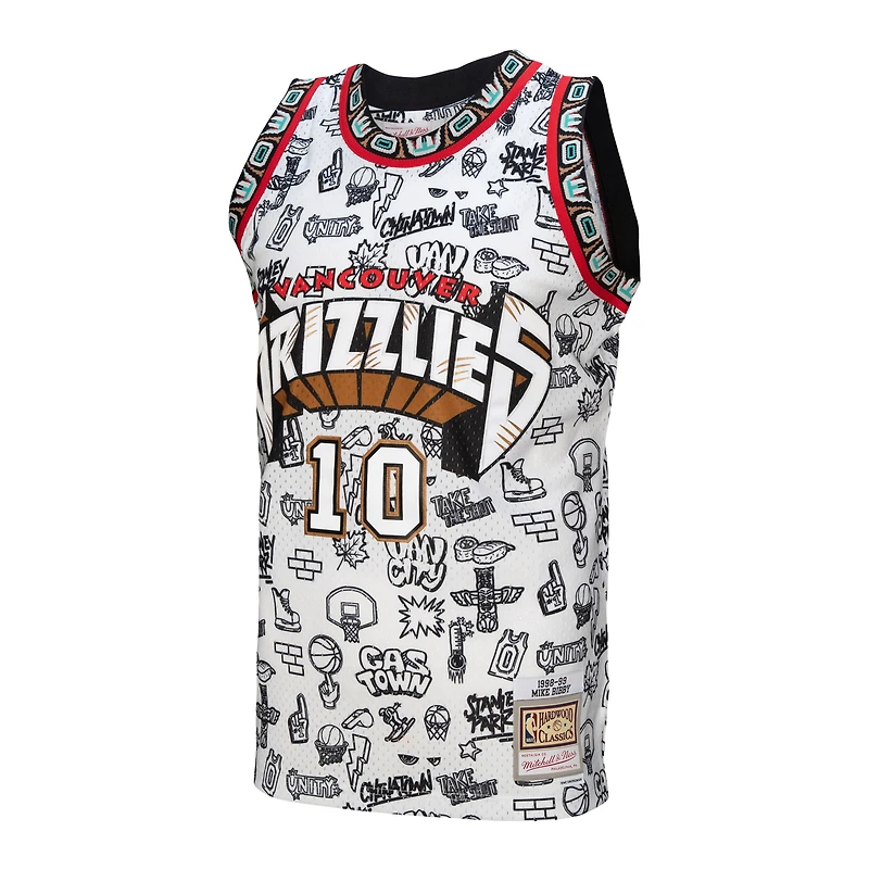 Men's Mitchell & Ness Mike Bibby White Vancouver Grizzlies 1998/99 Hardwood Classics Doodle Swingman - Jersey