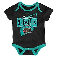Newborn & Infant Mitchell Ness Black/Turquoise Vancouver Grizzlies 3-Piece Hardwood Classics Bodysuits Cuffed Knit Hat Set