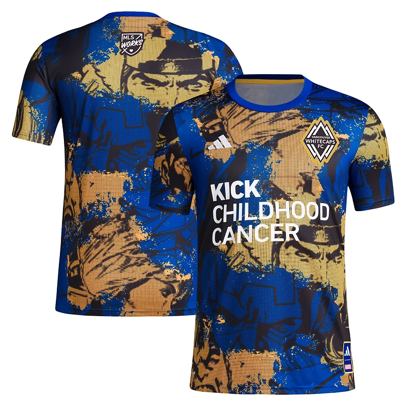 Men's adidas College Royal/Gold Vancouver Whitecaps FC 2023 MLS Works Kick Childhood Cancer x Marvel Pre-Match Performance Top