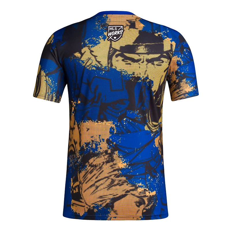 Men's adidas College Royal/Gold Vancouver Whitecaps FC 2023 MLS Works Kick Childhood Cancer x Marvel Pre-Match Performance Top