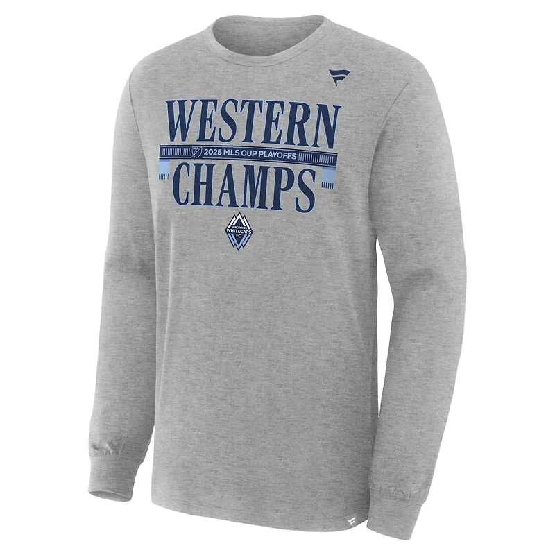 Men's Fanatics Heather Gray Vancouver Whitecaps FC 2025 MLS Western Conference Champions Locker Room Long Sleeve T-Shirt