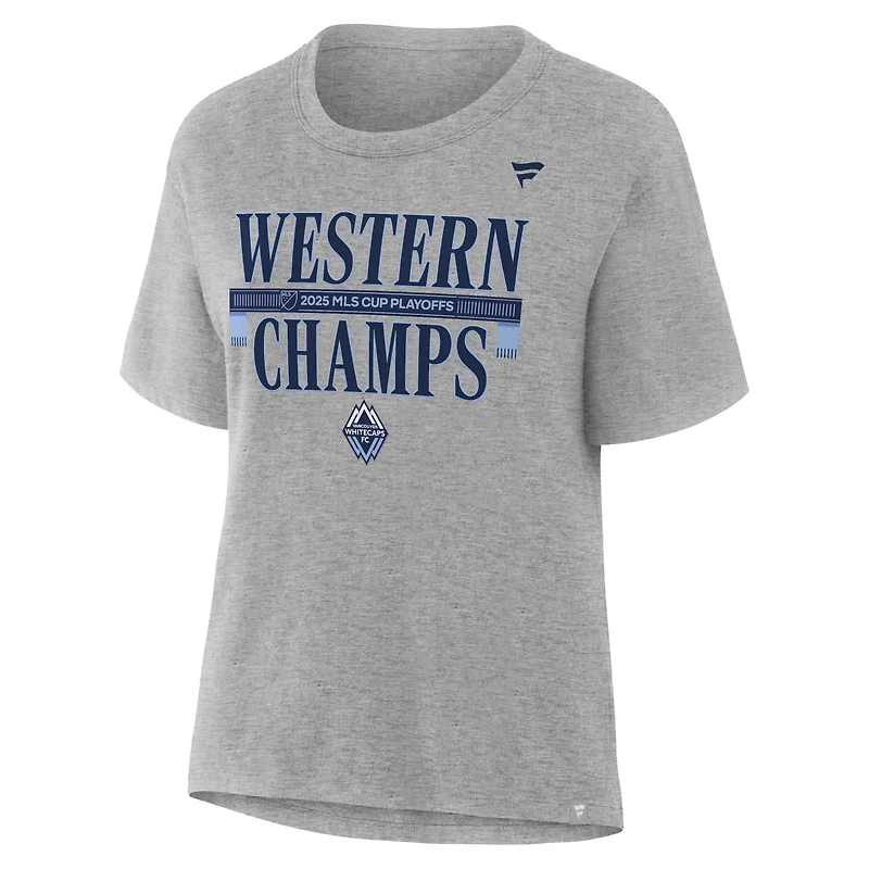 T-shirt Fanatics Heather Gray pour femmes, Vancouver Whitecaps FC, champions de la Conférence Ouest MLS 2025, vestiaire