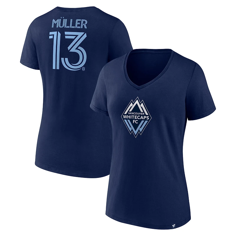 T-shirt à col en V bleu marine pour femme avec nom et numéro Thomas Müller des Whitecaps de Vancouver FC