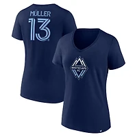 T-shirt à col en V bleu marine pour femme avec nom et numéro Thomas Müller des Whitecaps de Vancouver FC