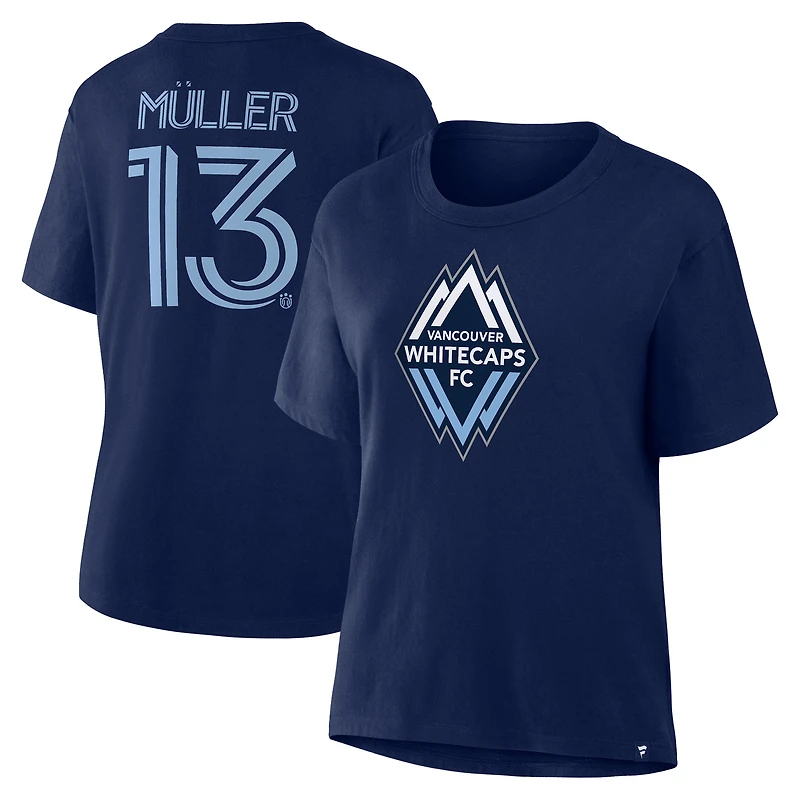 T-shirt à col en V bleu marine Thomas Müller Fanatics pour femme, avec nom et numéro des Whitecaps de Vancouver FC