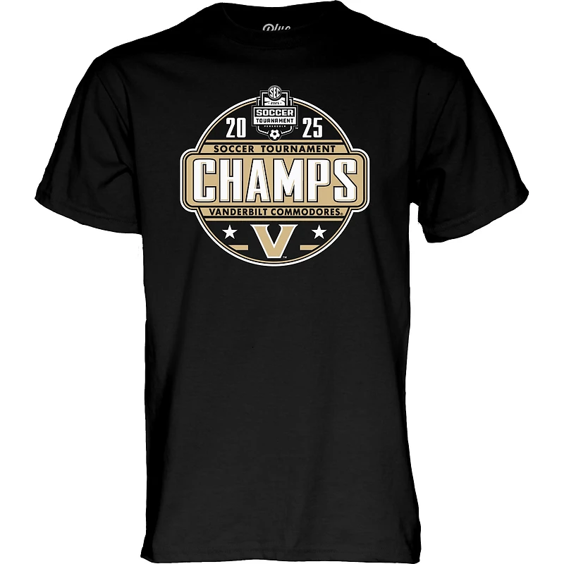 T-shirt unisexe bleu 84 noir Vanderbilt Commodores, champions du tournoi de soccer féminin SEC 2025, vestiaire