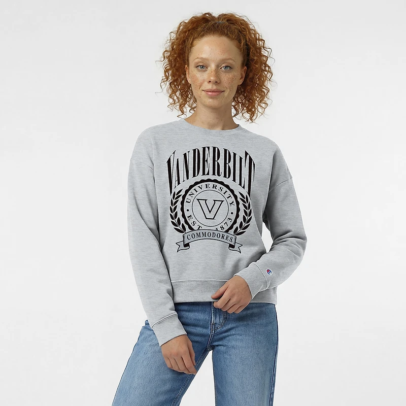 Sweat-shirt à col rond Powerblend gris chiné pour femme, modèle Champion, avec écusson académique des Commodores de Vanderbilt.