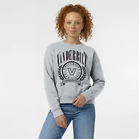Sweat-shirt à col rond Powerblend gris chiné pour femme, modèle Champion, avec écusson académique des Commodores de Vanderbilt.