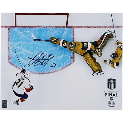 Photo autographiée d'Adin Hill, des Golden Knights de Vegas, lors du premier arrêt du match final de la Coupe Stanley 2023 (40,6 x 50,8 cm).