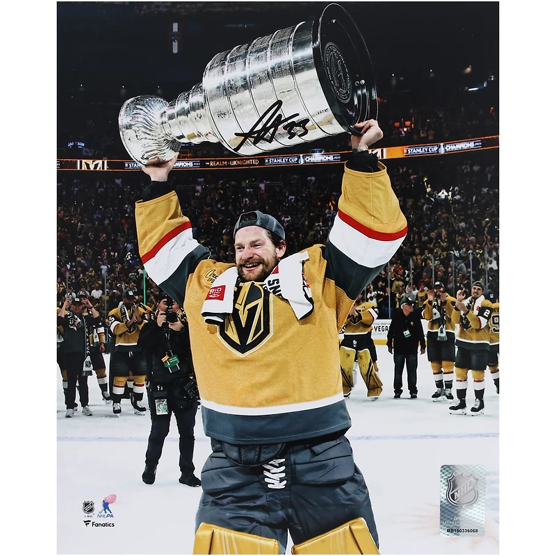 Adin Hill Vegas Golden Knights Autographed 2023 Stanley Cup Champions 8" x 10" Raising Cup Photograph