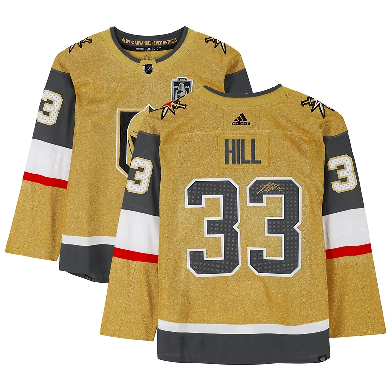 Maillot authentique adidas doré autographié par Adin Hill Vegas Golden Knights avec patch de la Coupe Stanley