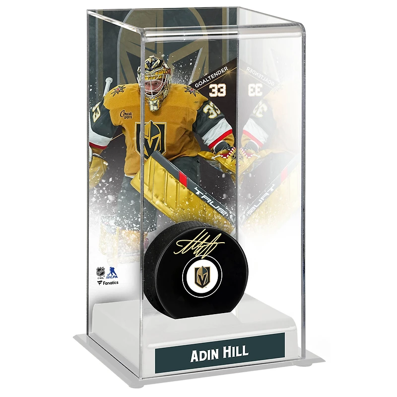 Rondelle de hockey autographiée des Golden Knights de Vegas d'Adin Hill avec étui haut de luxe