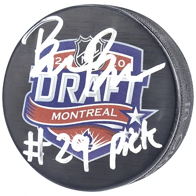 Rondelle de hockey autographiée par Brendan Brisson des Golden Knights de Vegas avec logo du repêchage de la LNH 2020 et inscription « #29 Pick »