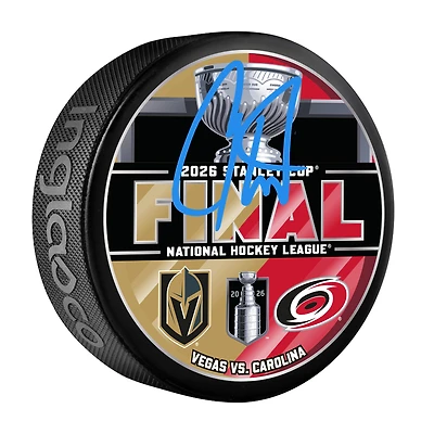 Rondelle de hockey autographiée par Carter Hart des Golden Knights de Vegas, commémorant le duel de la finale de la Coupe Stanley 2026