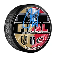 Rondelle de hockey autographiée par Carter Hart des Golden Knights de Vegas, commémorant le duel de la finale de la Coupe Stanley 2026
