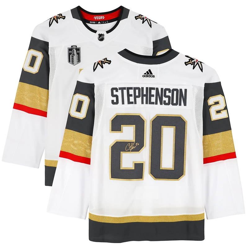 Maillot Adidas authentique blanc autographié par Chandler Stephenson des Vegas Golden Knights, champions de la Coupe Stanley 2023, avec écusson de la Coupe Stanley