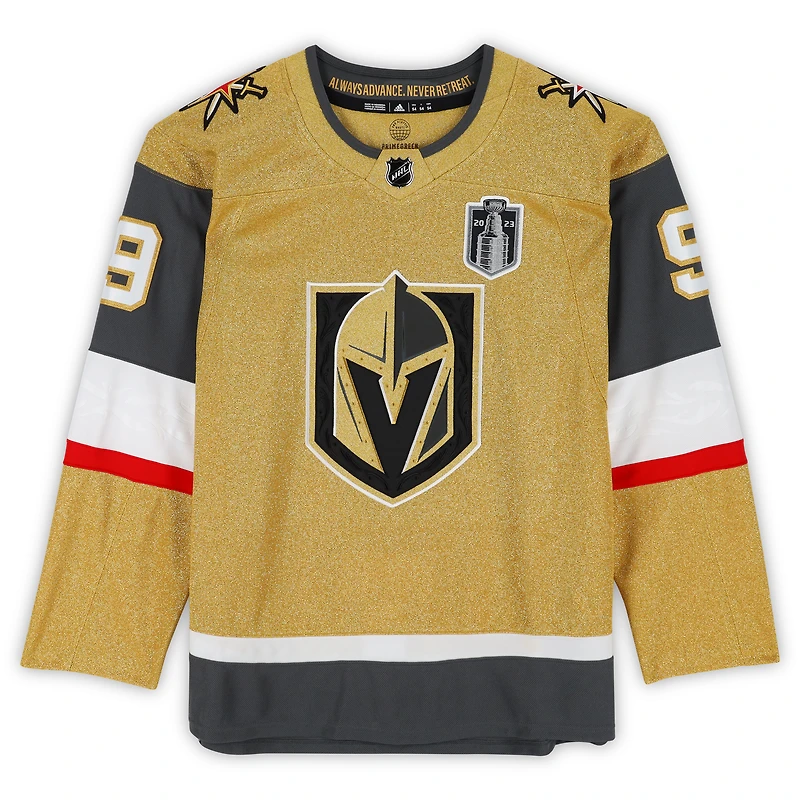 Maillot Adidas authentique doré autographié par Jack Eichel Vegas Golden Knights, champion de la Coupe Stanley 2023, avec écusson de la Coupe Stanley