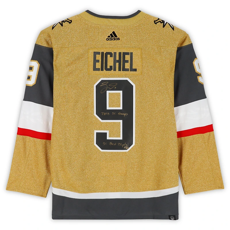 Maillot authentique Adidas autographié par Jack Eichel Vegas Golden Knights avec plusieurs inscriptions - Édition limitée à 26 exemplaires