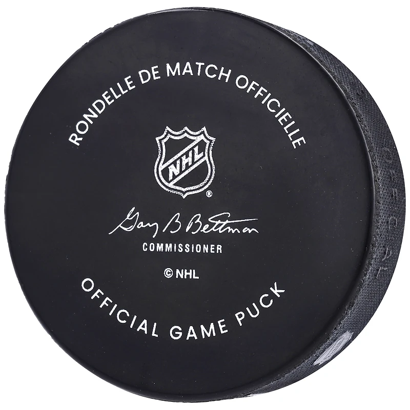 Rondelle de match officielle autographiée par Jack Eichel des Golden Knights de Vegas avec inscription « Go Knights Go »