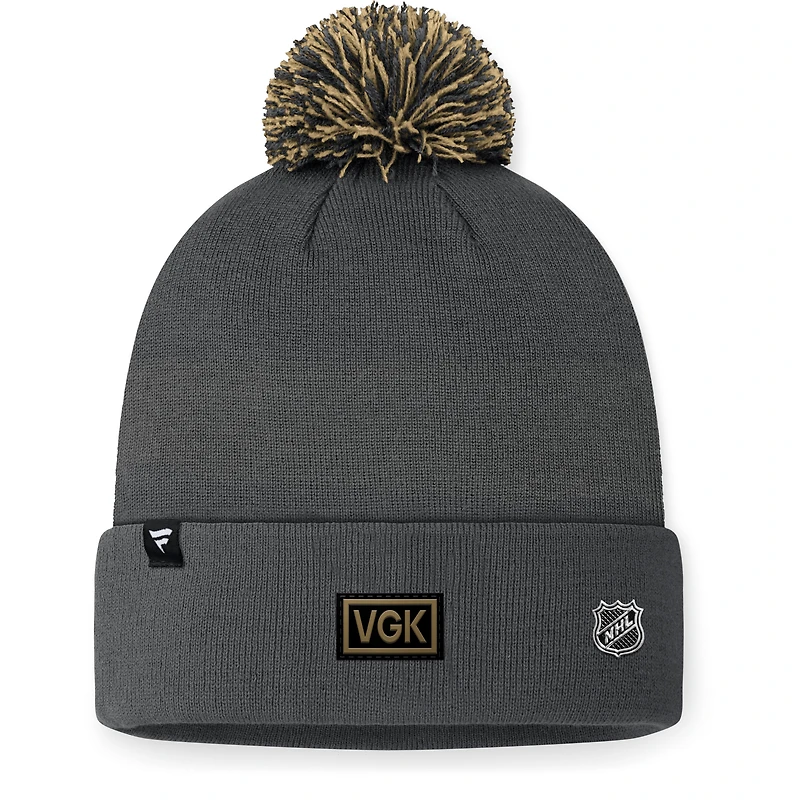 Bonnet en tricot à revers de repêchage de la LNH 2024 Fanatics Charcoal Vegas Golden Knights pour hommes avec pompon