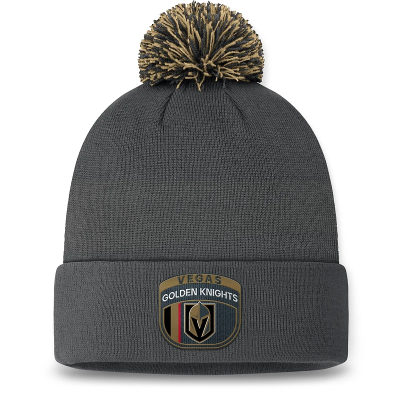 Bonnet en tricot à revers de repêchage de la LNH 2024 Fanatics Charcoal Vegas Golden Knights pour hommes avec pompon
