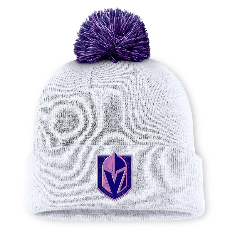 Bonnet en tricot à revers avec pompon pour homme Fanatics White Vegas Golden Knights Authentic Pro Hockey Fights Cancer