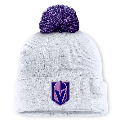 Bonnet en tricot à revers avec pompon pour homme Fanatics White Vegas Golden Knights Authentic Pro Hockey Fights Cancer