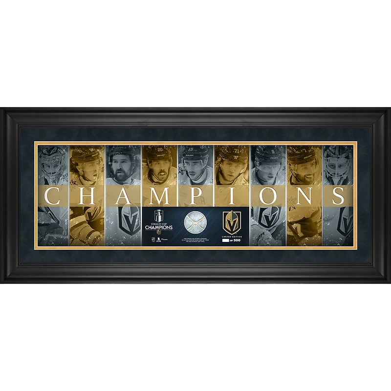 Panoramique encadrée des champions de la Coupe Stanley 2023 des Golden Knights de Vegas, 10" x 30", avec un morceau de filet utilisé lors du match de la finale de la Coupe Stanley 2023 - Édition limitée à 500 exemplaires