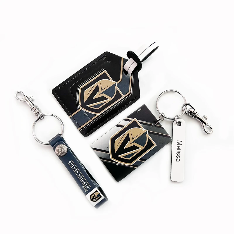 Vegas Golden Knights - Coffret cadeau trois pièces en cuir avec étiquette personnalisée