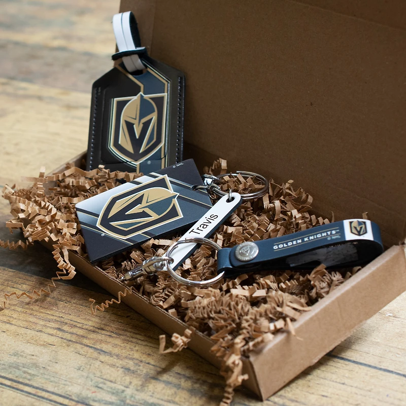 Vegas Golden Knights - Coffret cadeau trois pièces en cuir avec étiquette personnalisée